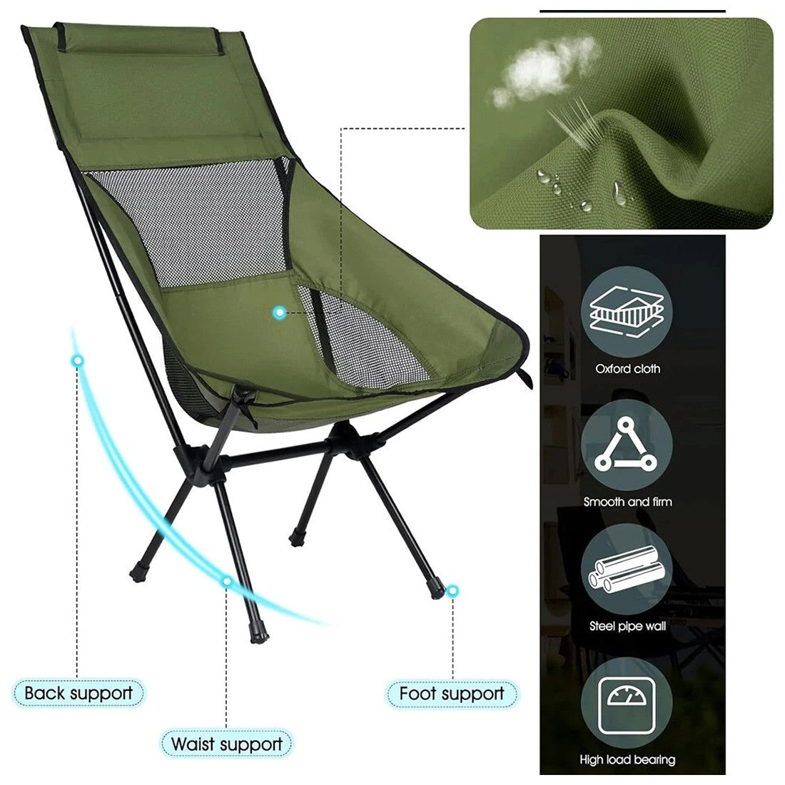 Fällbar campingstol med hög rygg och nackstöd