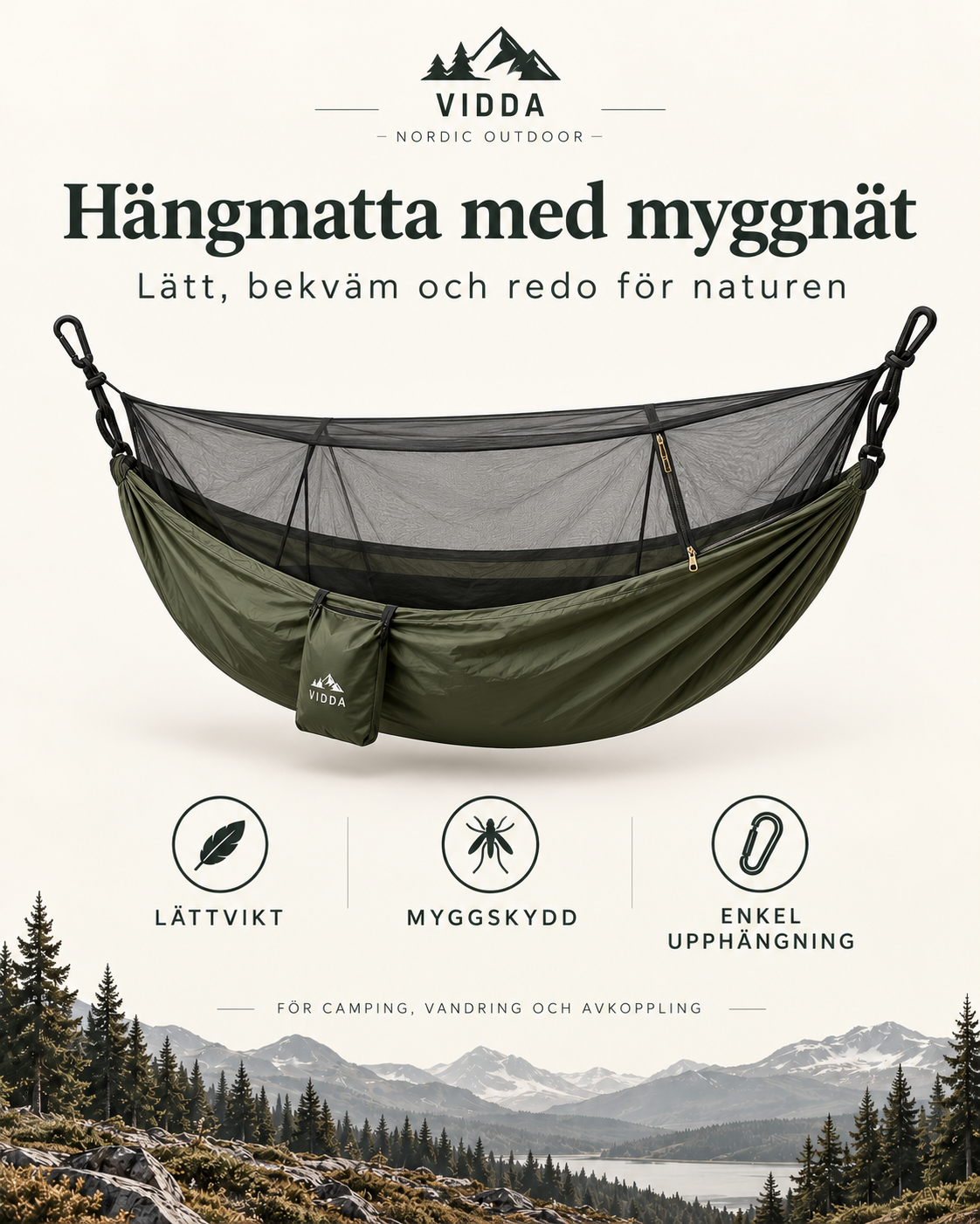 VIDDA hängmatta med myggnät – Överlevnadsbutiken Nordic Outdoor