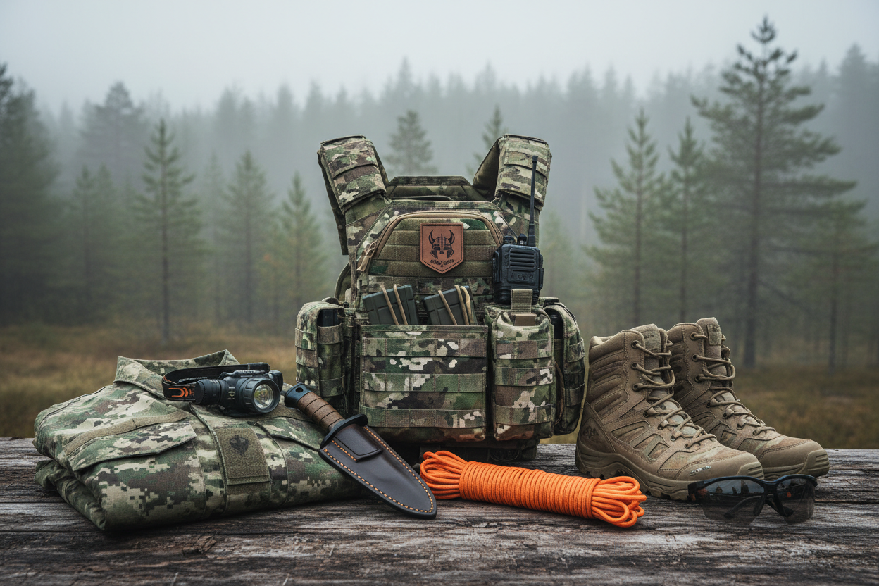Taktiska västar och bärsystem i en outdoor-miljö med jaktutrustning och tillbehör.