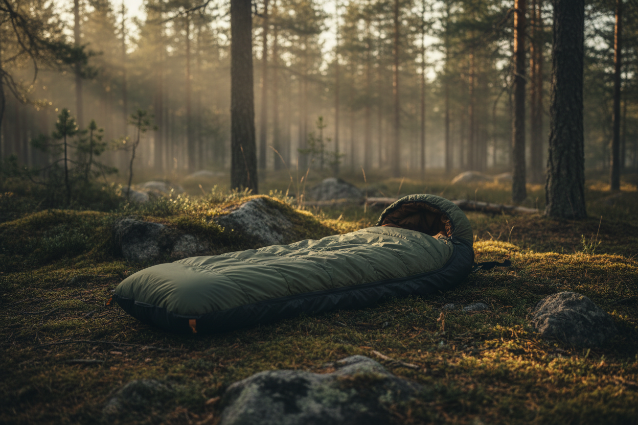 Sovsäckar för utomhussova på ett mossigt underlag i skogen med morgondimma och solstrålar.