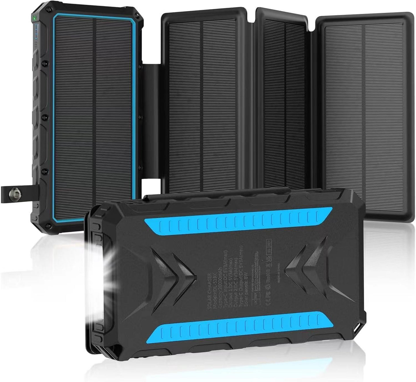Soldriven powerbank med trådlös laddning, kompakt och robust design för camping och utomhusbruk.