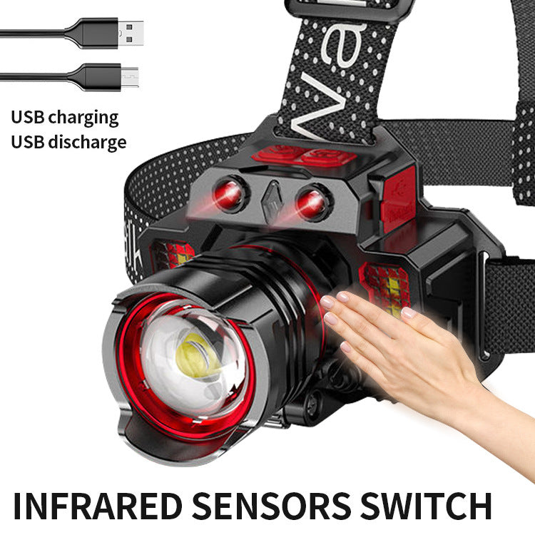 USB-laddningsbar pannlampa för friluftsliv med infraröd sensorswitch och USB-laddning.