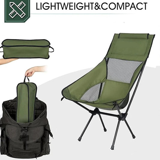 Fällbar campingstol med hög rygg och nackstöd