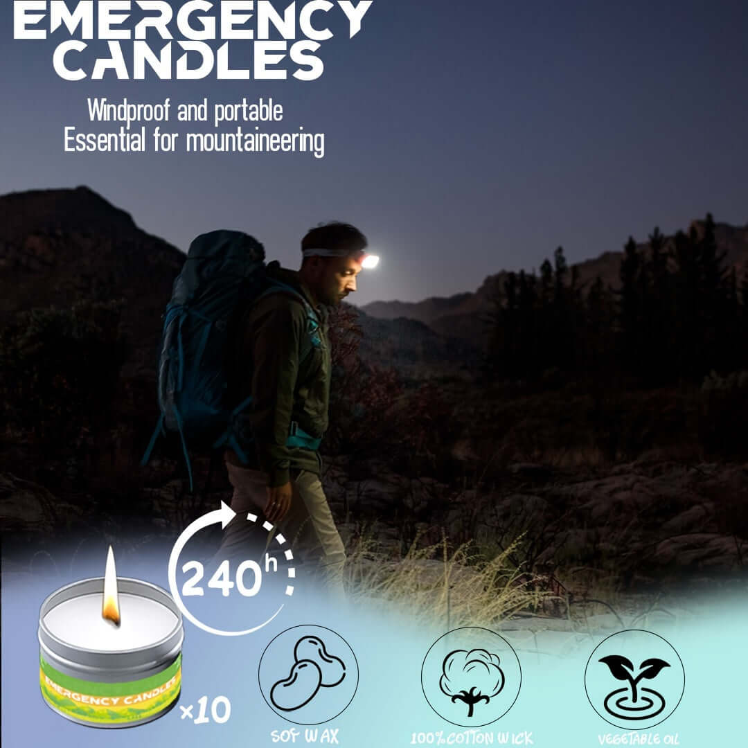 Nödljus 10-pack 240 timmar, vindskyddade och bärbara, perfekta för bergsbestigning och camping. Totalt 240 timmars ljus.