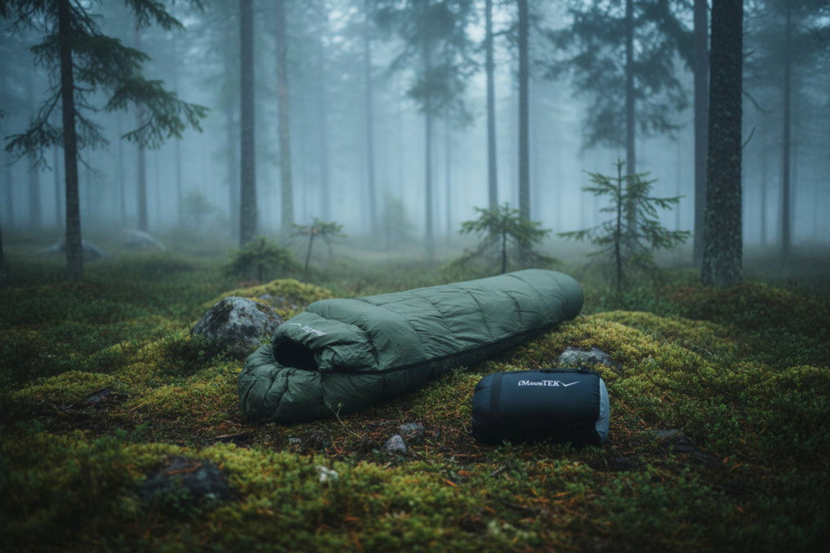 DEEPNORTH Nordic Sleep -5, tre-säsongers sovsäck -5°C i en dimmig nordisk skog, perfekt för camping och friluftsliv.