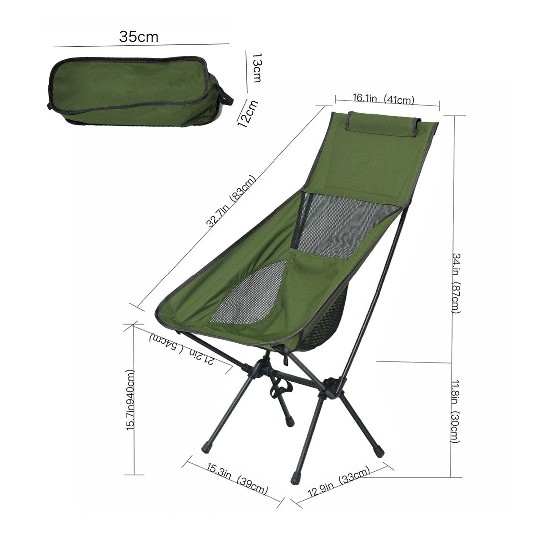 Fällbar campingstol med hög rygg och nackstöd