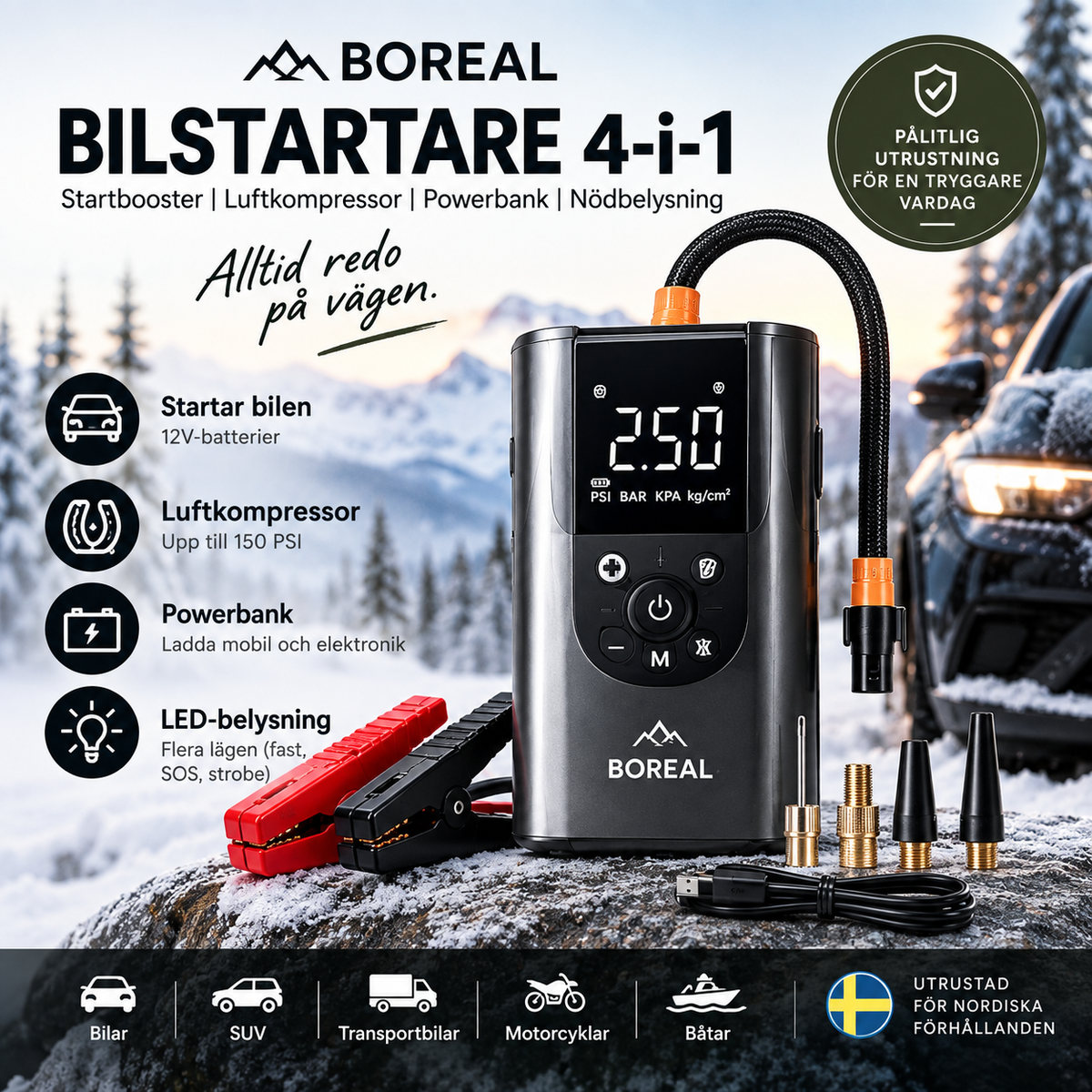 Bilstartare 4-i-1 med luftkompressor – BOREAL Jump